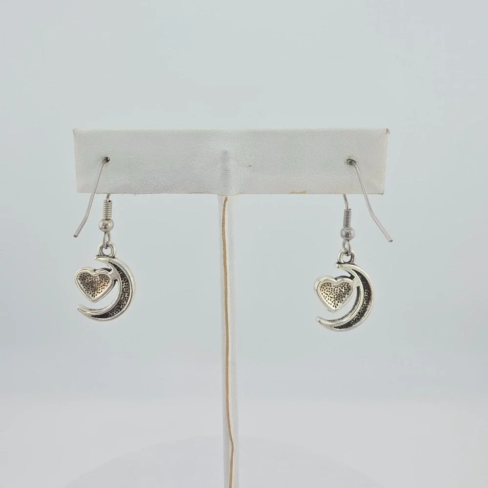 Vintage Crescent Moon Heart Earrings Engraved Puffy Heart Silver Plate